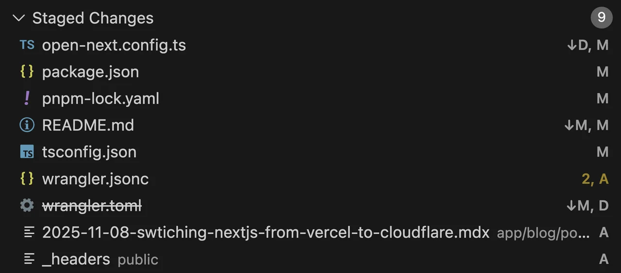 VS Code's Staged Changes list showing the nine files changed for the migration